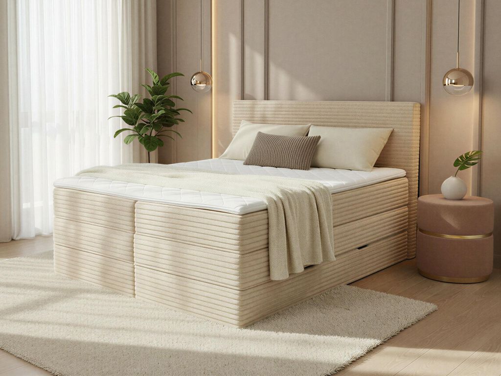 Boxspringbett Mollo XL mit 2 Bettkästen und Topper, mit Taschenfederkern- und Bonellfederkernmatratze, Doppelbett, Polsterbett aus Cordstoff mit S...