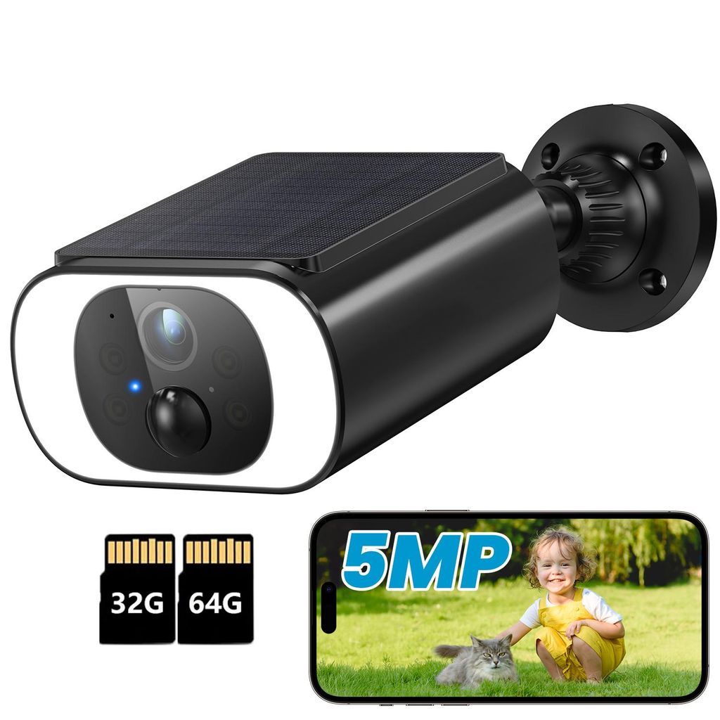 5MP FHD Überwachungskamera Aussen Akku mit Solarpanel 100% Kabellose Kamera Überwachung Aussen Solar Flutlicht 2-Wege-Audio Ohne ABO mit 32G & 64G