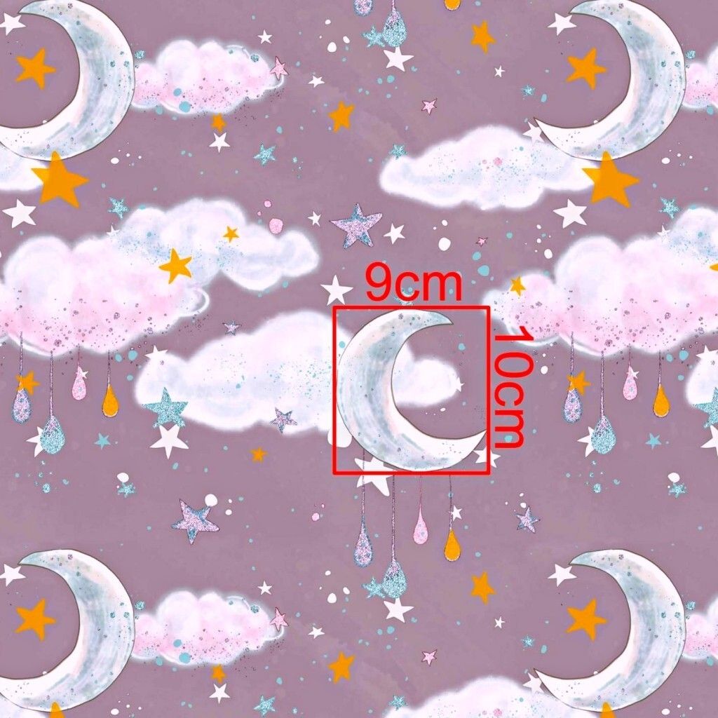 Baumwolle 100% goldene Monde mit Wolken auf violettem Hintergrund