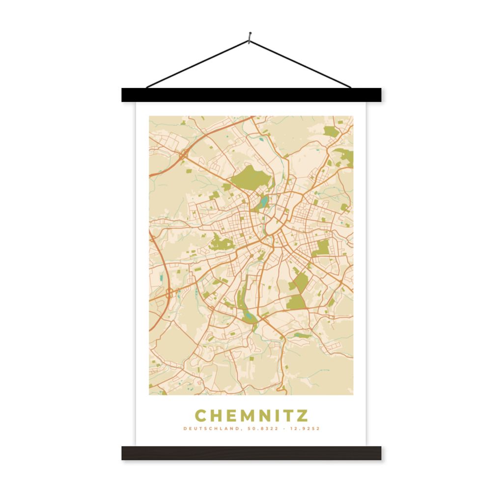 MuchoWow Textilposter Stadtplan - Chemnitz - Vintage - Karte 40x60 cm mit schwarzem Rahmen - Wanddekorationen
