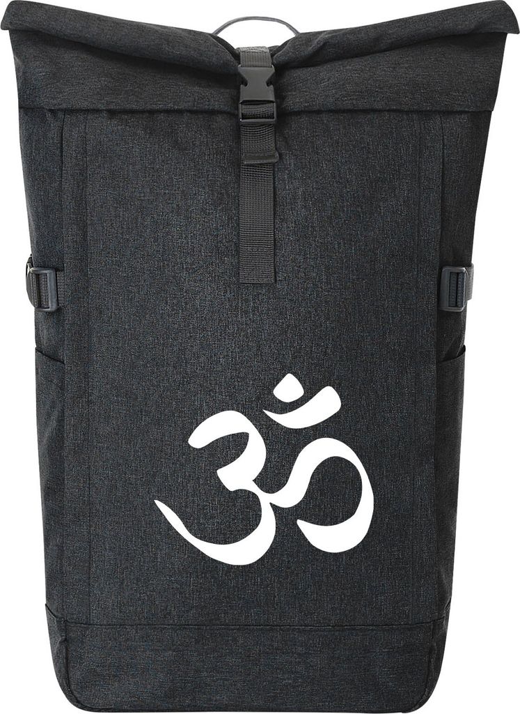 Huuraa Kurierrucksack Yoga-Om Symbol 30-44 Liter Black Melange Fairtrade Rolltop Rucksack Geschenkidee
