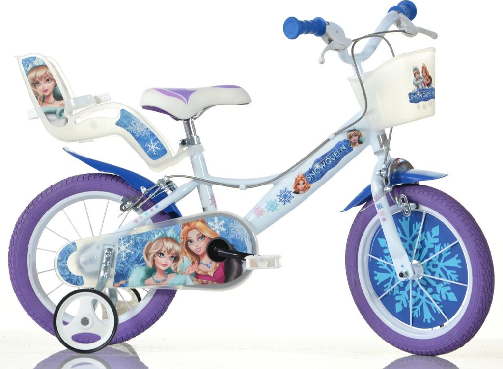A children's bicycle with a 'Snow Queen' theme, featuring characters from the movie.