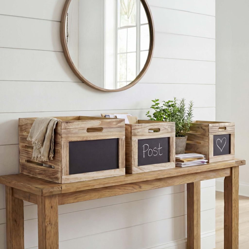 3er Set Holzkiste MCW-E11, Aufbewahrungsbox mit Tafel, Shabby-Look naturbraun