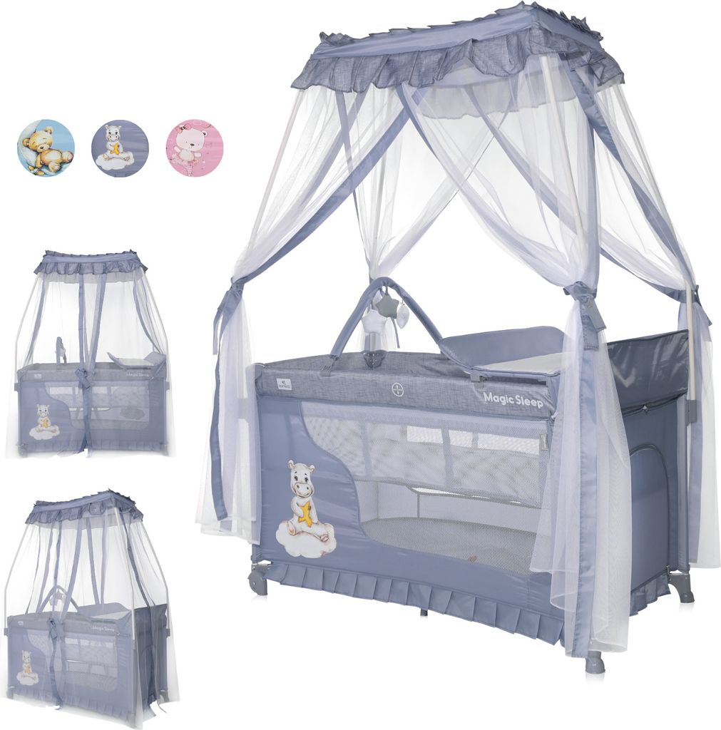 Lorelli 3in1 Babybett und Laufstall, Baldachin Betthimmel Magic Sleep mit 2 Ebenen, Kinderbett ab Geburt, Baby Reisebett, grau