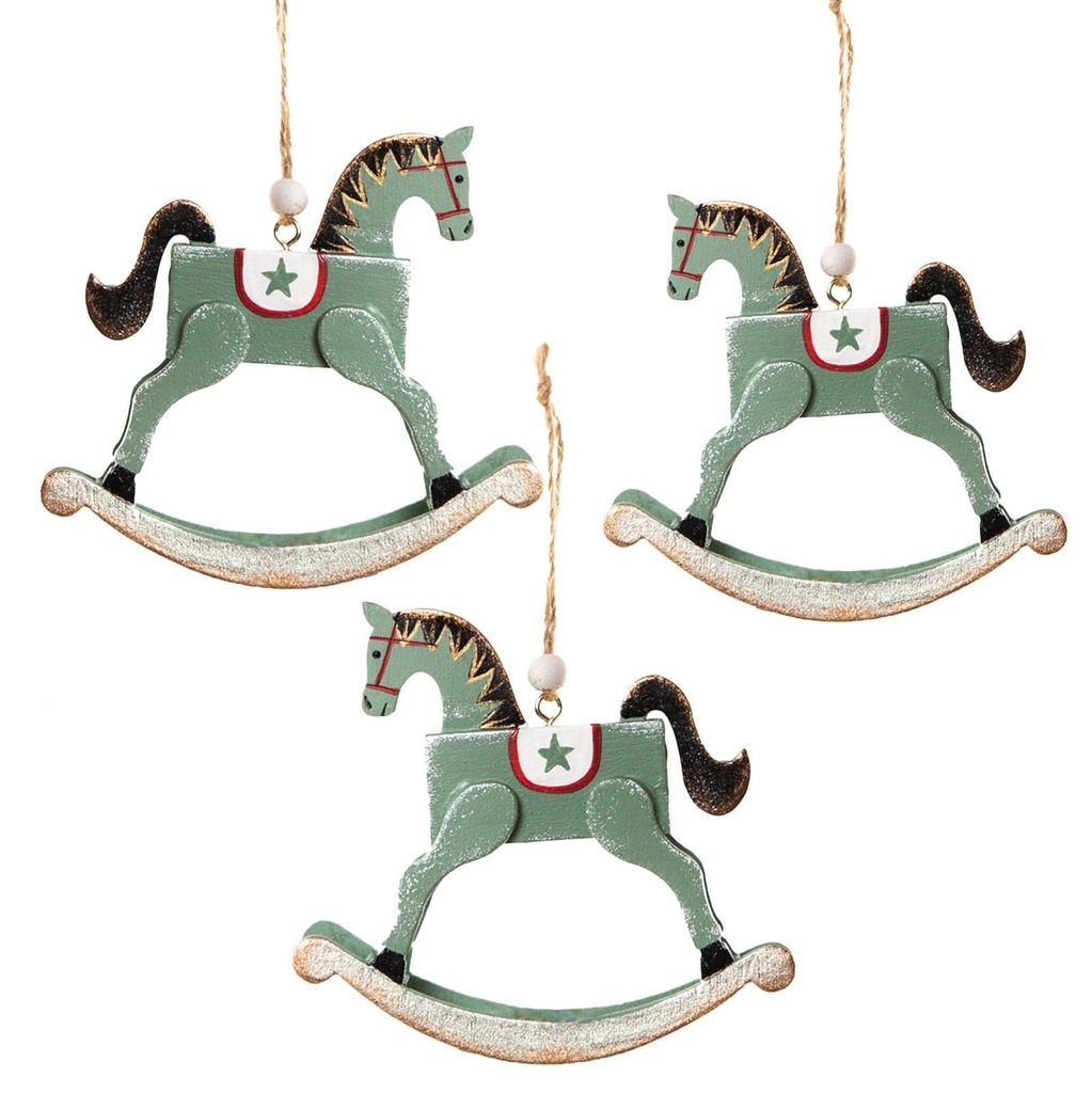 3 Weihnachten Schaukelpferd Anhänger - Weihnachtsdeko grün Vintage 9 cm