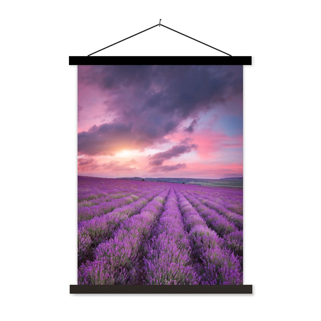 MuchoWow Textilposter Lavendel - Lila - Wolken - Blumen 90x120 cm mit schwarzem Rahmen - Dekoration