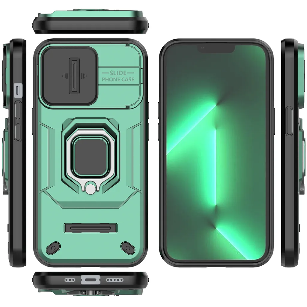 Custodia iPhone 13 Pro Verde Militare Protezione Fotocamera e Anello - 2