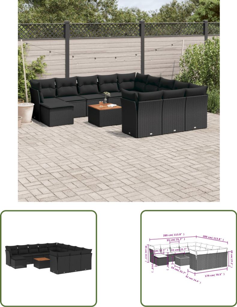 The Living Store 13-tlg. Garten-Sofagarnitur mit Kissen Schwarz Poly Rattan