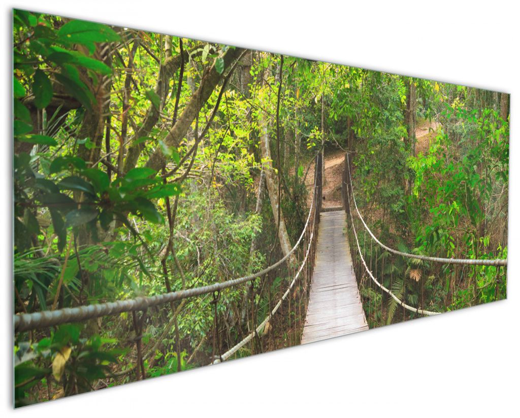 Wallario Küchenrückwand aus Glas, Größe: 125 x 50 cm, Motiv: Hängebrücke im Urwald grüner Dschungel | Spritzschutz | abwischbar | pflegeleic...