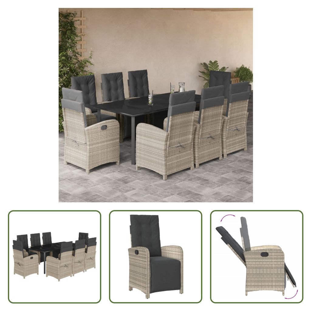 The Living Store 9-tlg. Garten-Essgruppe mit Kissen Hellgrau Poly Rattan