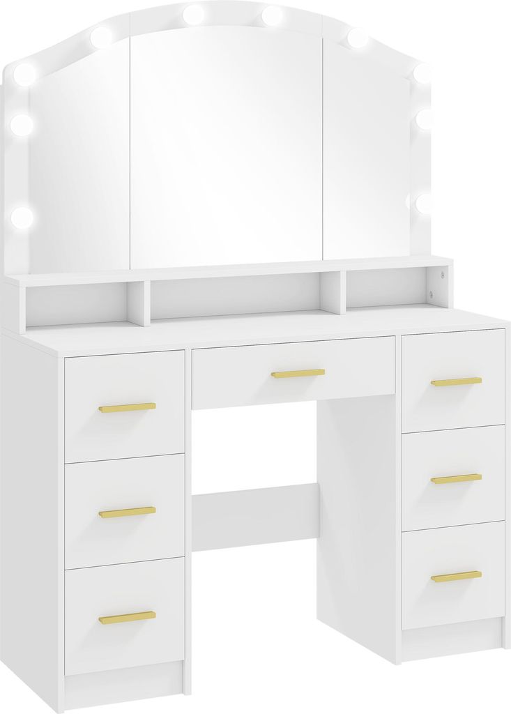 Schminktisch mit 10 LED-Hollywood-Lampen, Spiegel, 7 Schubladen, 3 Fächer, MDF, Weiß