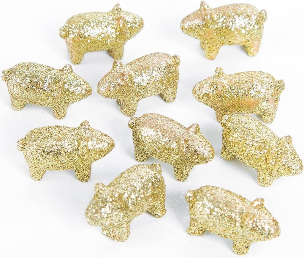 10 Mini Glücksschwein Figuren gold glitzernd 2 cm