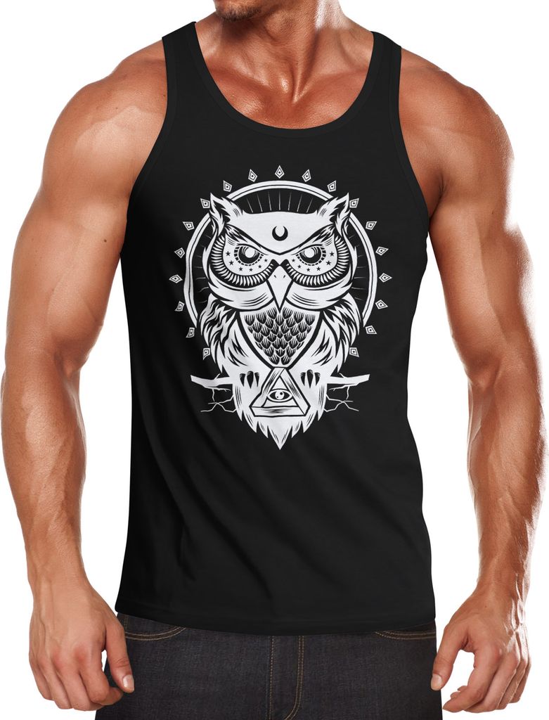 Herren Tank Top Eule Owl Shirt Eulenmotiv Slim Fit Muskelshirt Neverless schwarz S