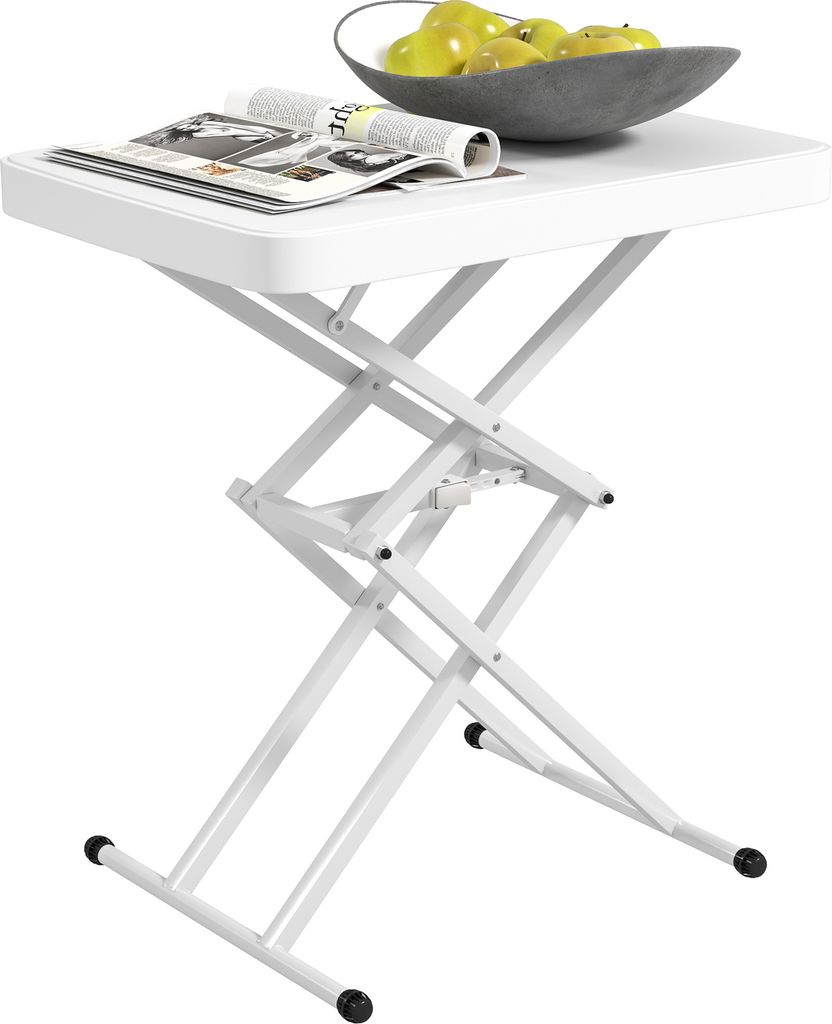 A white scissor-lift side table with a bowl of fruit and a magazine on top, set against a white background.