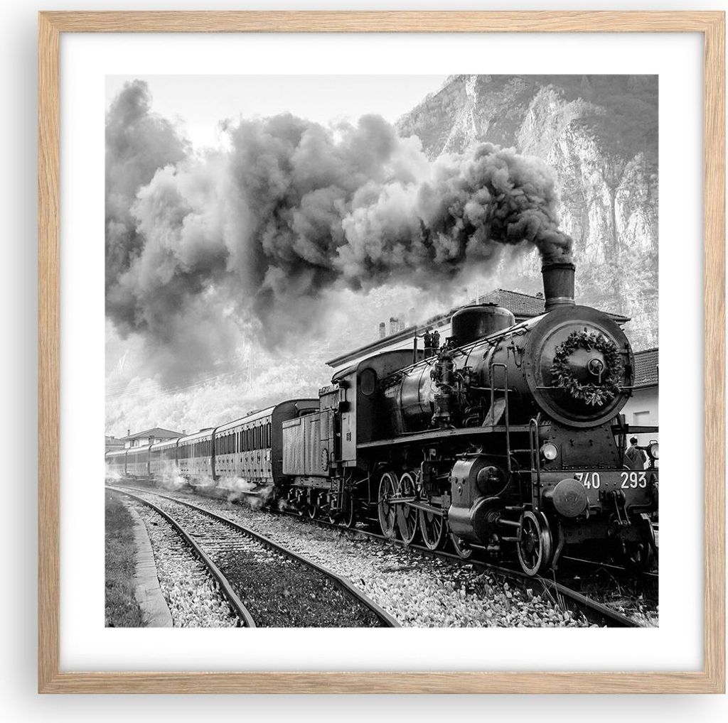 Gerahmtes Poster - Rahmen in heller Eiche - Zug Schwarzweiß Rauch - 50x50 cm - Wand Bild - Wanddeko - Wandbilder - Wandposter - Bilderrahmen - Bil...