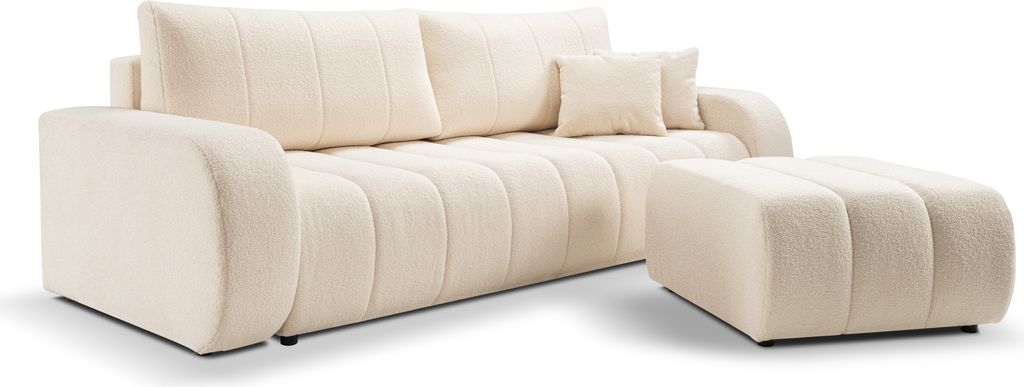 KEF Sofa Bella, Couch mit Schlaffunktion und Pouf, Schlafcouch mit Bettkasten und Kunststoffbeine, Beige, 105x88x248 cm und Pouf 75x41x82 cm