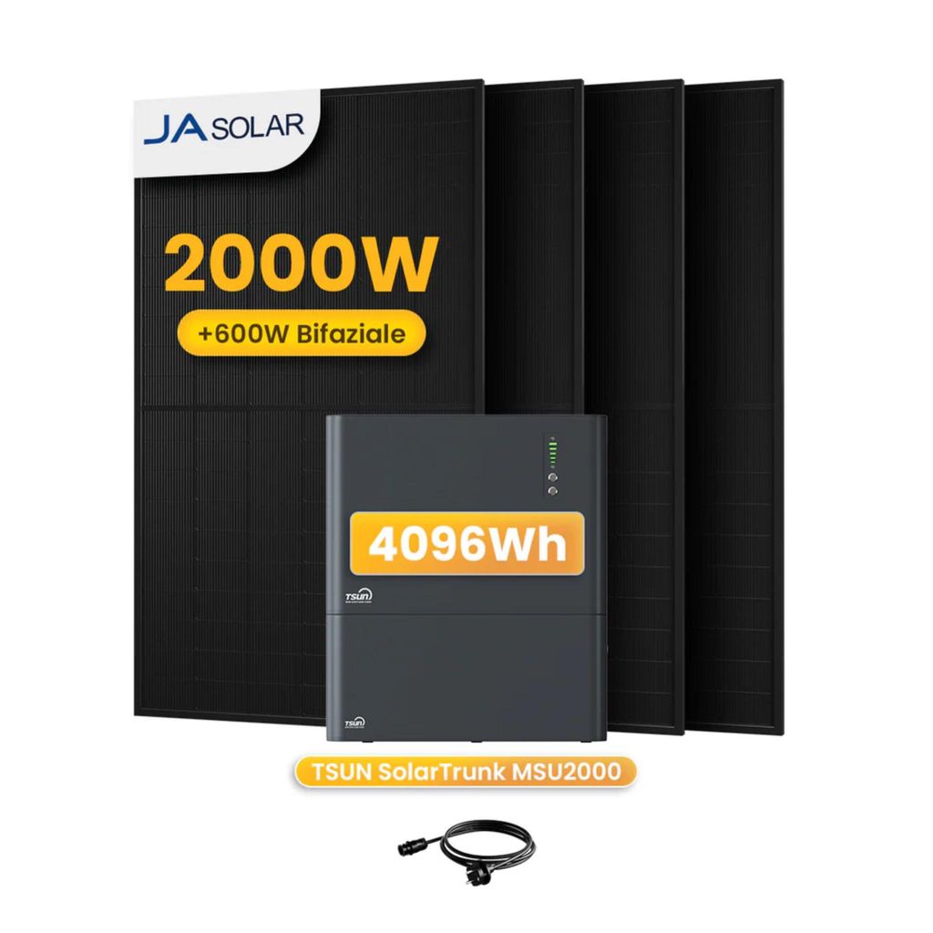 Powerness Balkonkraftwerk mit Speicher: TSUN SolarTrunk MSU2000 und TSUN B2000 Erweiterungsakku, 4x JA Solar 500W Solarmodul für Balkonkraftwerk