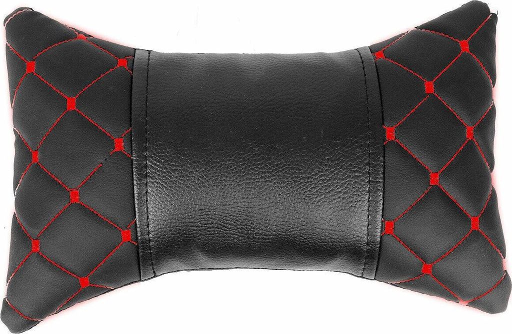 KFZ Auto Kopfstütze Kissen Autositzkissen Nackenkissen Leder Schwarz Rot 8x30cm