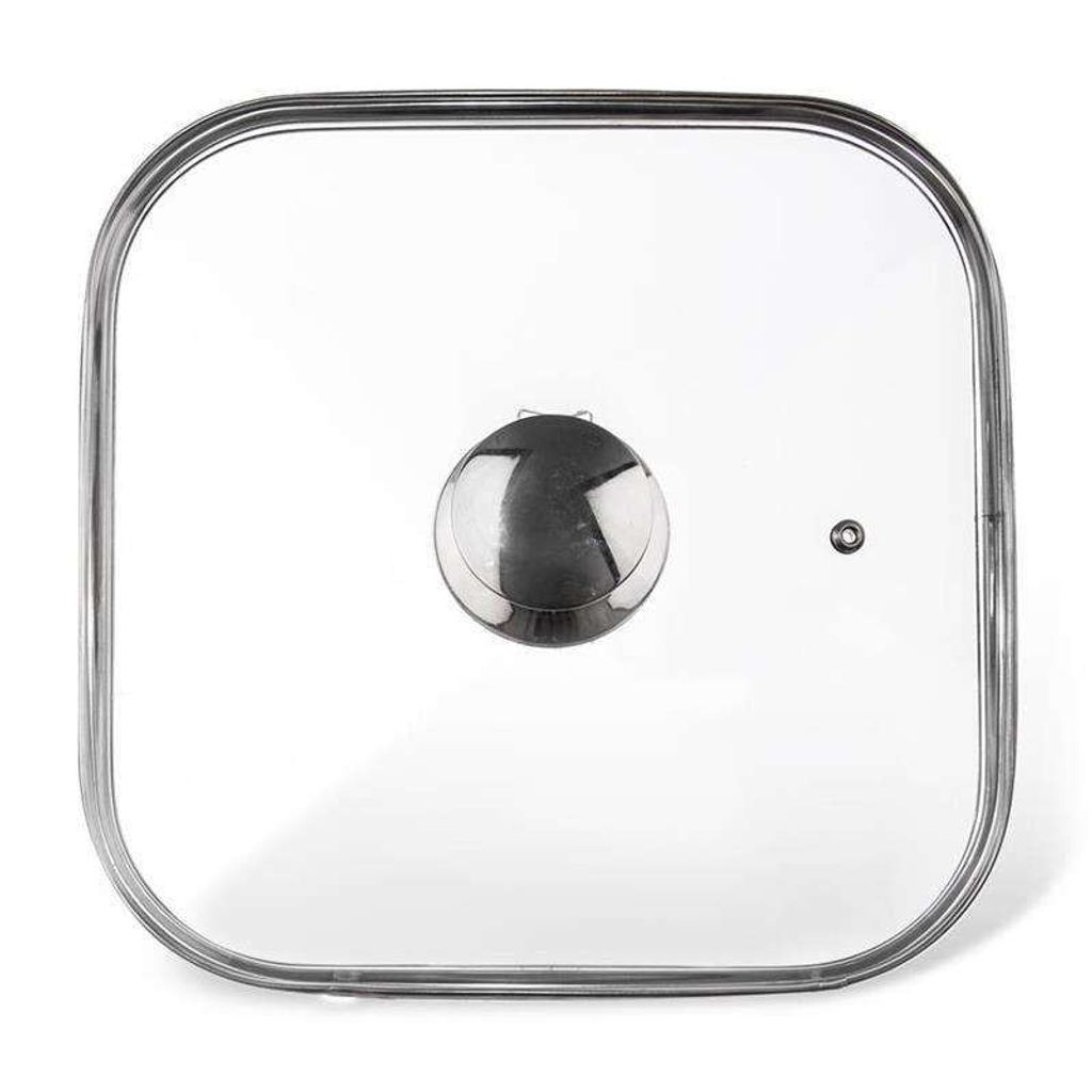 A square glass pot lid with a silver handle and a small vent hole.