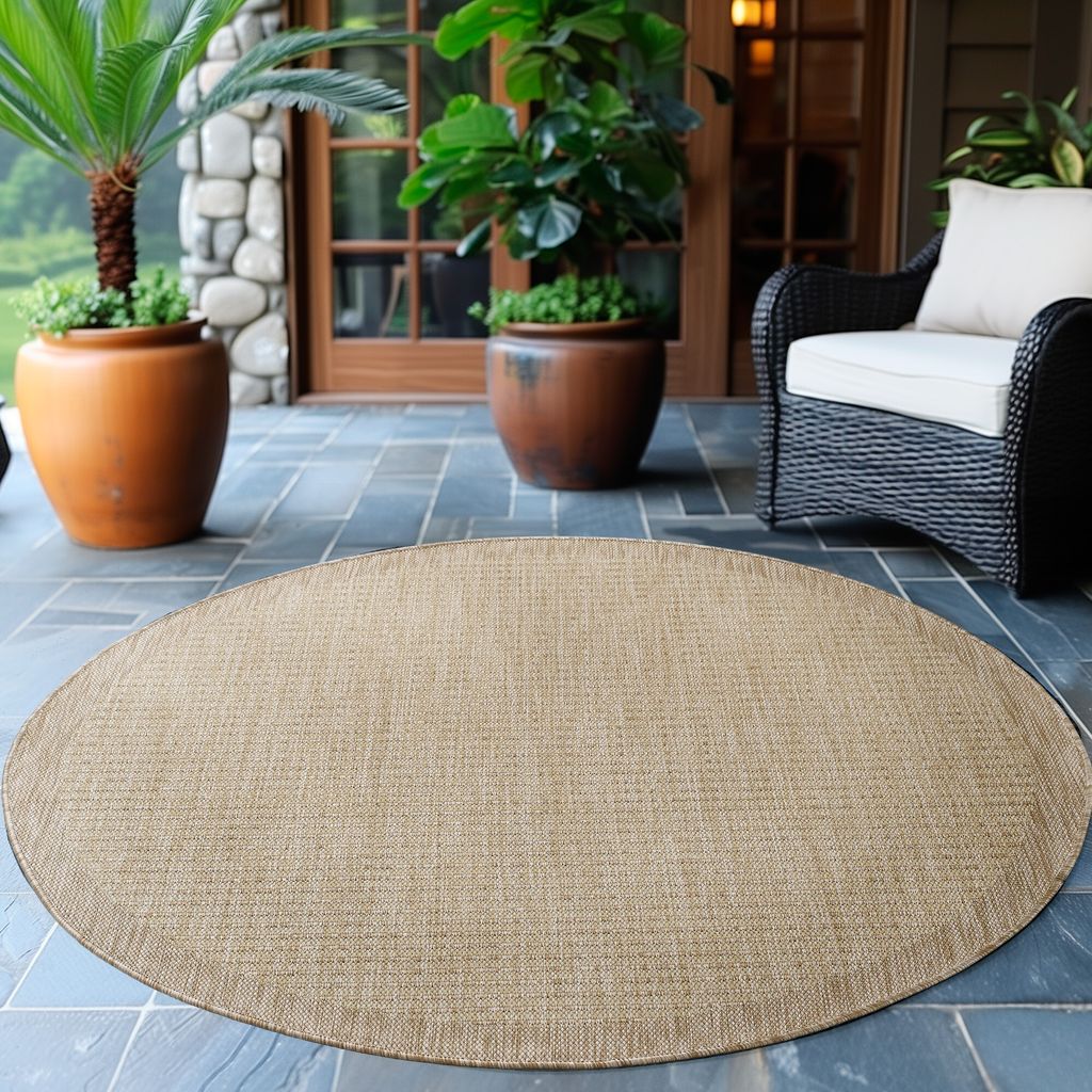 Villa Möbel Gizaro Wohnzimmer-Teppich, Outdoorteppich, Heat-Set, Einfarbig, Farbe:Beige, Grösse:160 cm Rund