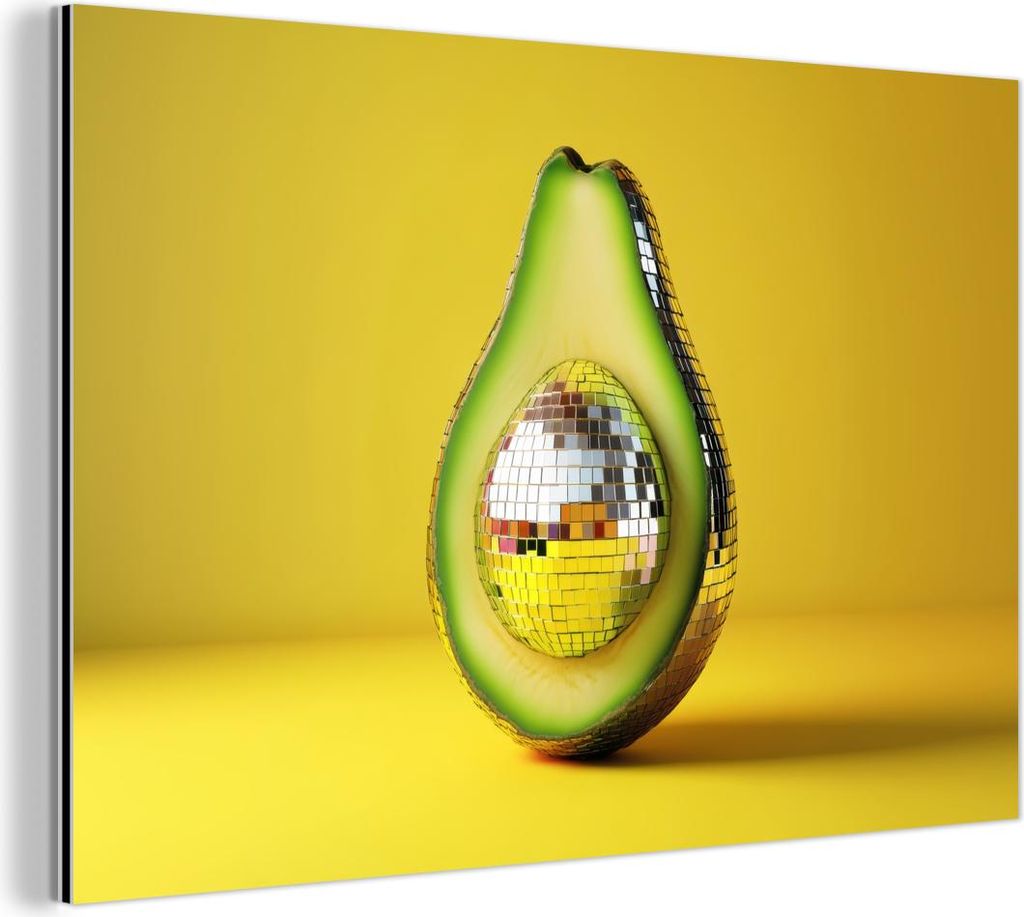 MuchoWow Wanddekoration Metall Metallbild Wandkunst 120x80 cm Avocado - Discokugel - Gelb - Glitzer MuchoWow Aluminium Gemälde - Alu Bild