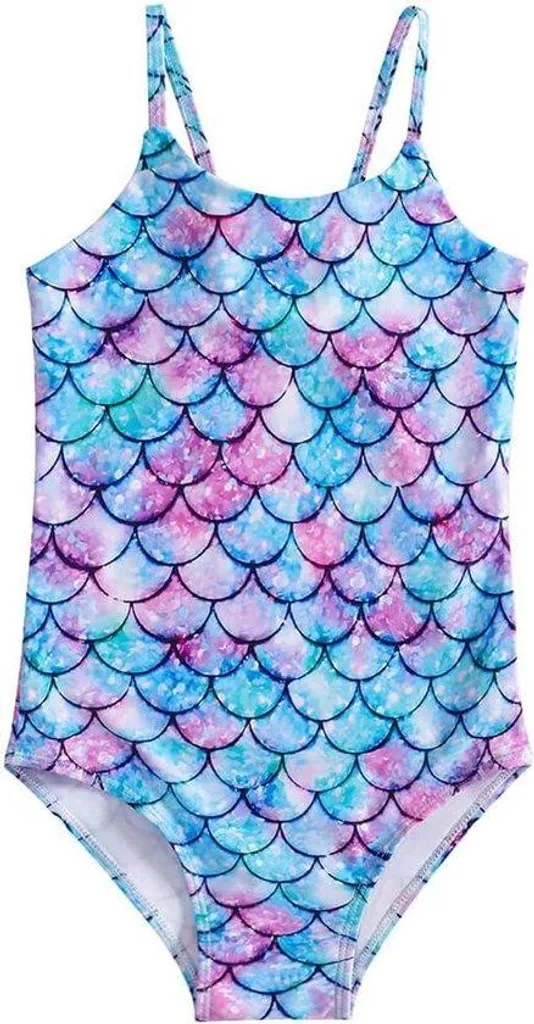 Maillot de bain vert fille à motif écailles de poisson et étoiles de mer