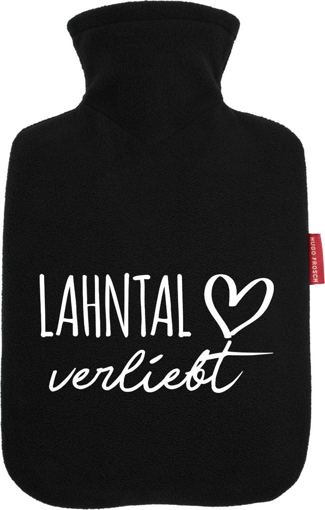 Huuraa Wärmflasche Lahntal verliebt 1,8 Liter Black Classic Veloursbezug Bettflasche Geschenkidee