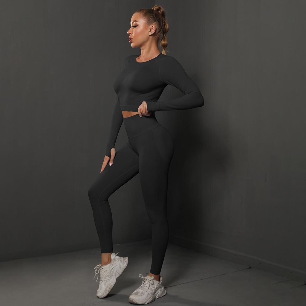 2-teiliges nahtloses Trainingsanzug-Set, Laufset, Trainingsanzug, Leggings-Set, schwarz, S