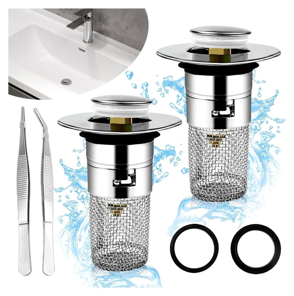 Waschbeckenstöpsel für 34-40 mm Abfluss, 2 Stück Universal Pop Up Abflusssieb mit Dichtungen und Pinzette, Abflussstopfen aus Messing für Küch...