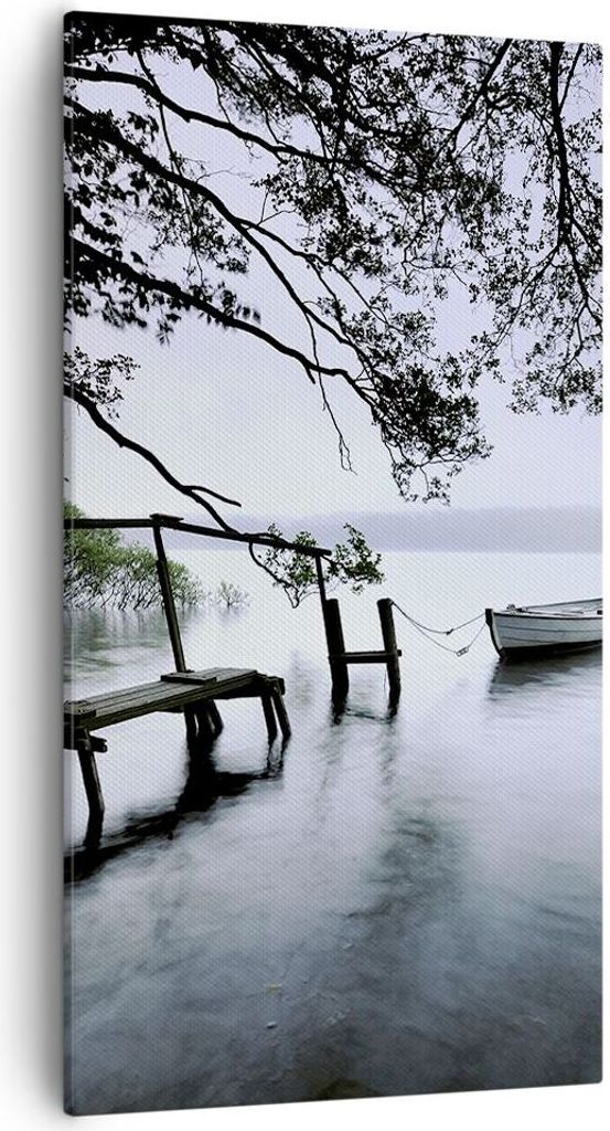Bild auf Leinwand - Leinwandbild - See Dock Boot Bäume - 55x100cm - Wand Bild - Wanddeko - Leinwanddruck - Bilder - Kunstdruck - Wanddekoration - ...