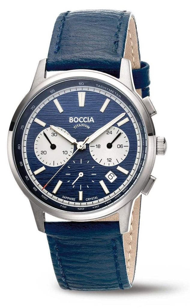 Boccia Herren Armbanduhr Sport 3734-02 Chronograph Titan Lederband blau