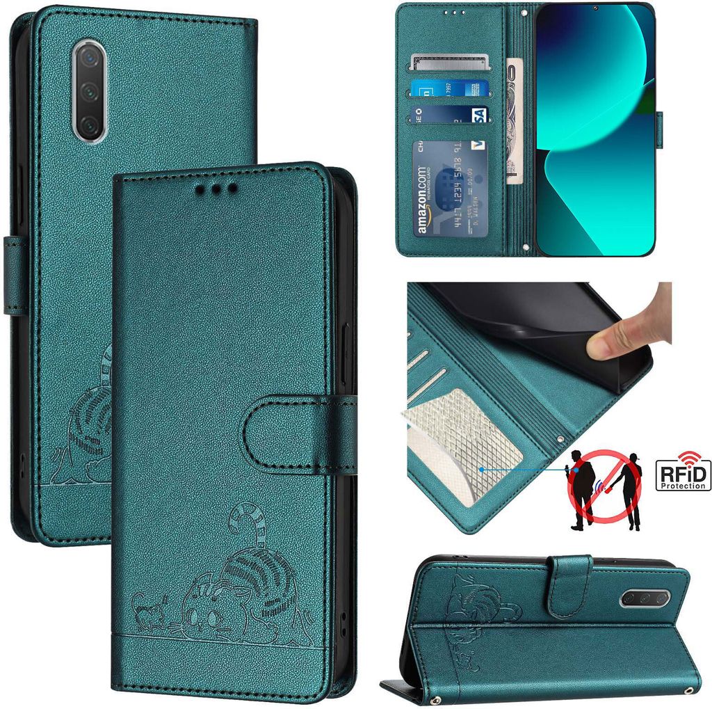 Leder Hülle für Xiaomi CC9e/Mi A3 Süße Katze Flip Case Brieftasche Schutzhülle mit Standfunktion Grün