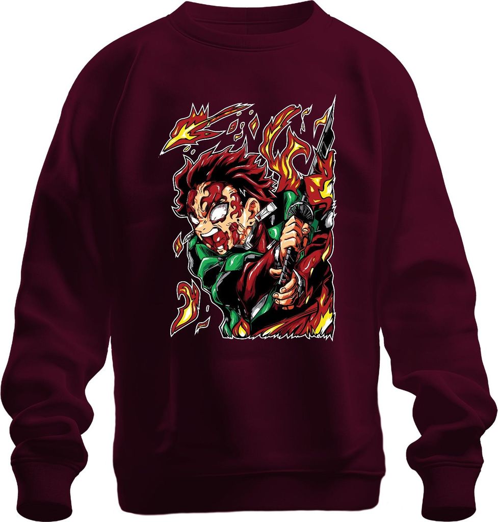 Dämonenjäger Samurai Katana Feuer Anime Geschenk Japan Y2K Streetwear Uni Sweatshirt Pullover, Burgundy, 3XL