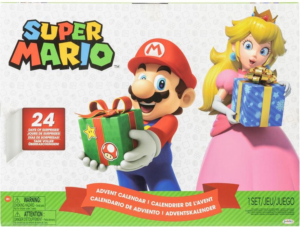 The image shows the front packaging of a Super Mario Bros Advent Calendar, featuring characters Mario and Princess Peach holding gifts.