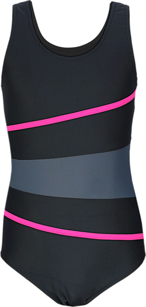 Aquarti Mädchen Badeanzug mit Ringerrücken, Farbe: 026C Schwarz / Graphit / Amarant, Größe: 134