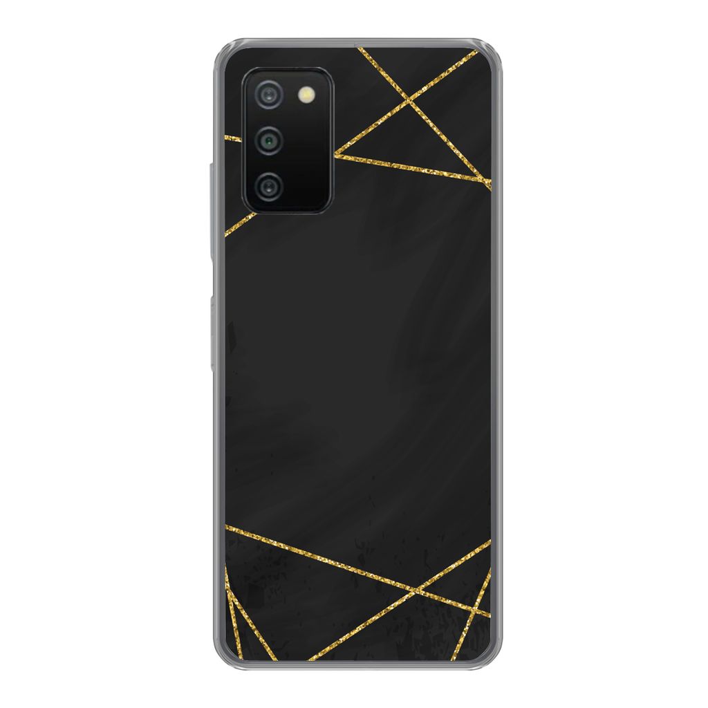 MuchoWow Handyhülle Schutzhülle Hülle für Samsung Galaxy A03s Geometrisches Muster aus goldenen Linien auf schwarzem Hintergrund Silikon Soft...
