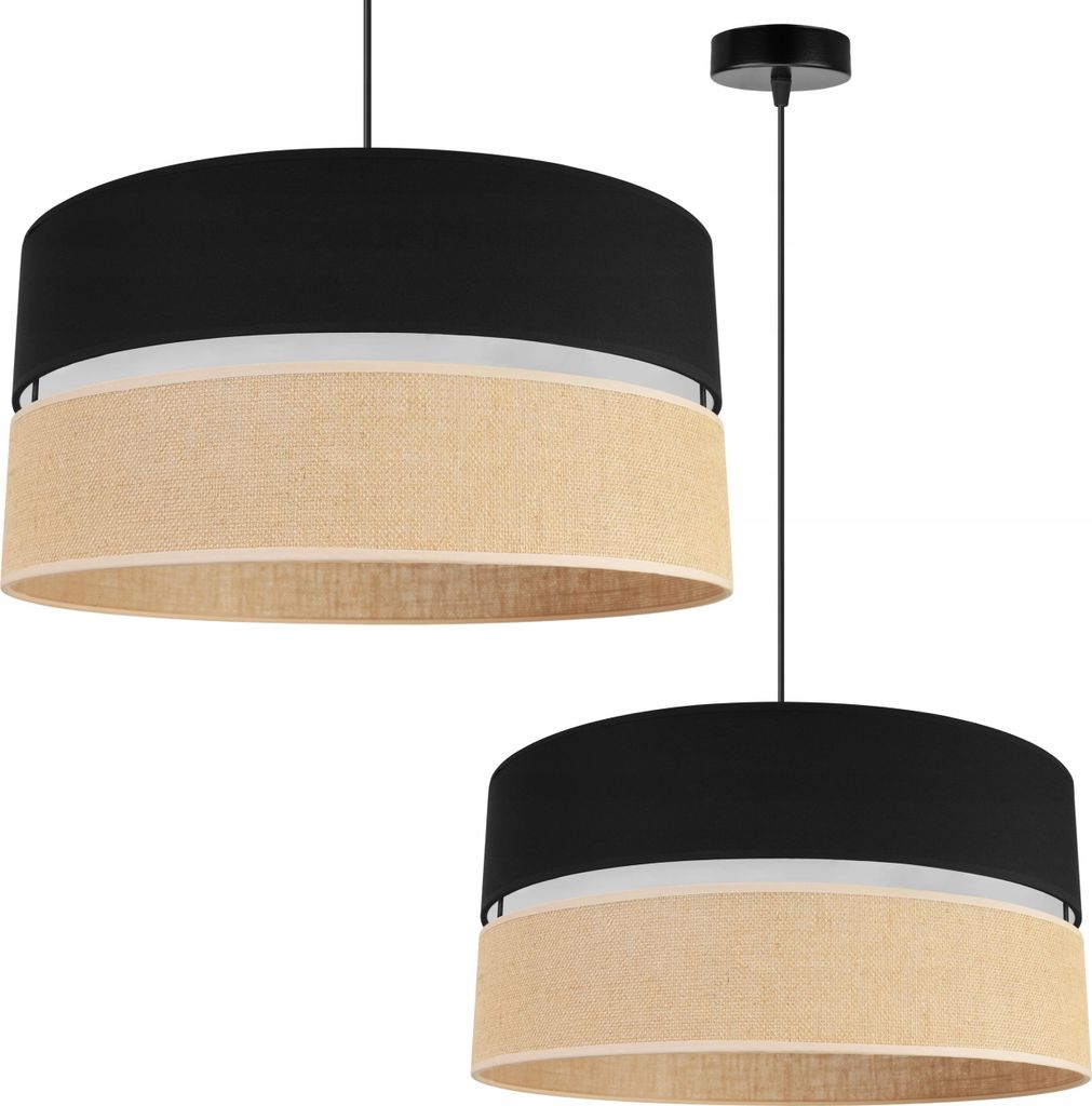 Light-Home Juta Hängelampe - Metall mit Lampenschirm aus Stoff - E27 - Klassisch 1-Flammig 45 cm - Schwarz Basis und Jute und Schwarz