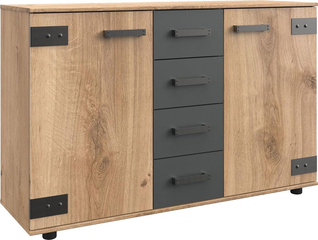 Kombikommode Stockholm Sideboard 130x41x83cm Farbe wählbar,Plankeneiche / graphit