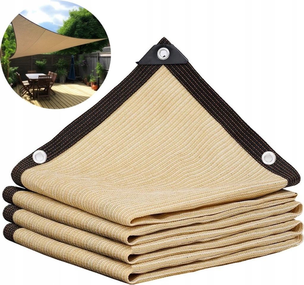 A stack of folded beige sunshade sails with dark brown reinforced edges and grommets, shown against a white background. A small inset image shows one sail installed over a patio table.