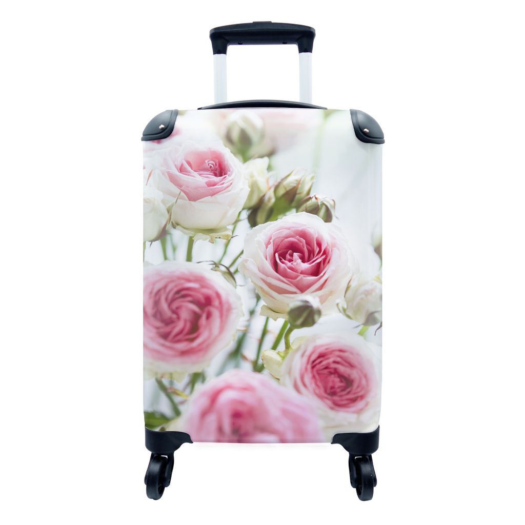 MuchoWow Koffer Handgepäck Trolley Rollkoffer Kleine Reisekoffer mit 4 Rollen - Nahaufnahme von blühenden rosa Rosen - Cabin Size < 55x40x23 cm...
