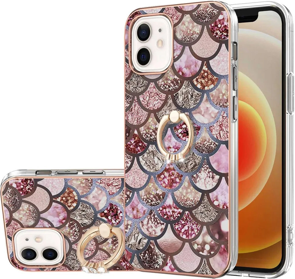 Custodia per iPhone 12, custodia protettiva in silicone TPU a fantasia con supporto ad anello Caffè