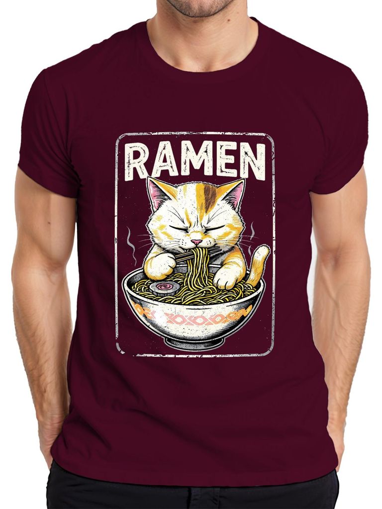 RAMEN Katze Nudel Japanisch Kawaii Lustig Essen Geschenk Retro Herren T-Shirt, Burgundy, XL