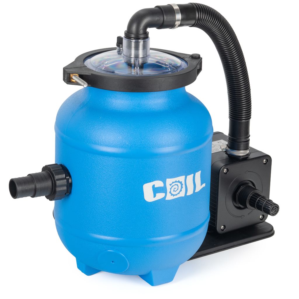 A blue pool filter pump with a black hose and motor attached, set against a white background.