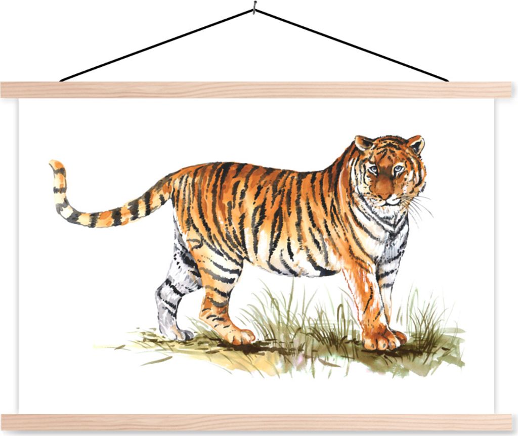 MuchoWow Textilposter Tiger - Gras - Weiß 60x40 cm mit holzfarbenen Rahmen - Bilder