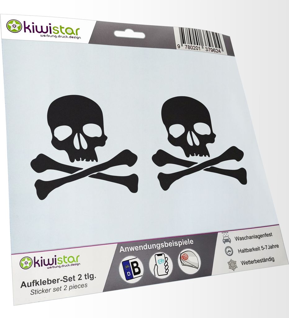 Kiwistar - 2x Kennzeichenaufkleber - mattschwarz - 21 mm Piratensymbol - Totenkopf Aufkleber für Auto, Laptop, Fahrrad, LKW, Motorrad Mehrfarbig J...