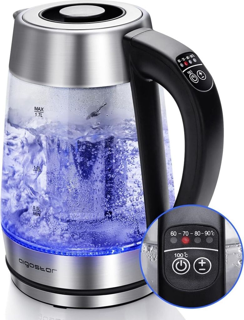 Wasserkocher 1,7L, 2-in-1 Teekocher mit Edelstahl Teesieb,Temperaturwahl 60°-100°C Farbwechsel LED Beleuchtung,120 Minuten Warmhaltefunktion, BPA...
