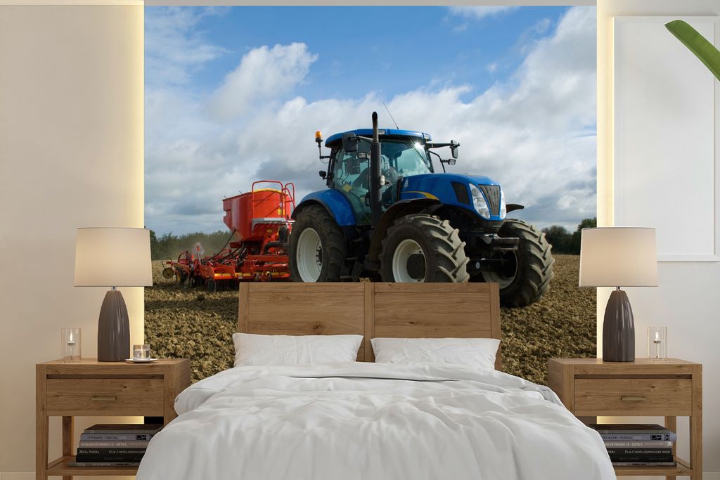 MuchoWow Fototapete für Wohnzimmer oder Schlafzimmer Wandtapete Vinyl Motivtapete Traktor - Blau - Landleben - Wolken - 220x220 cm - Tapeten