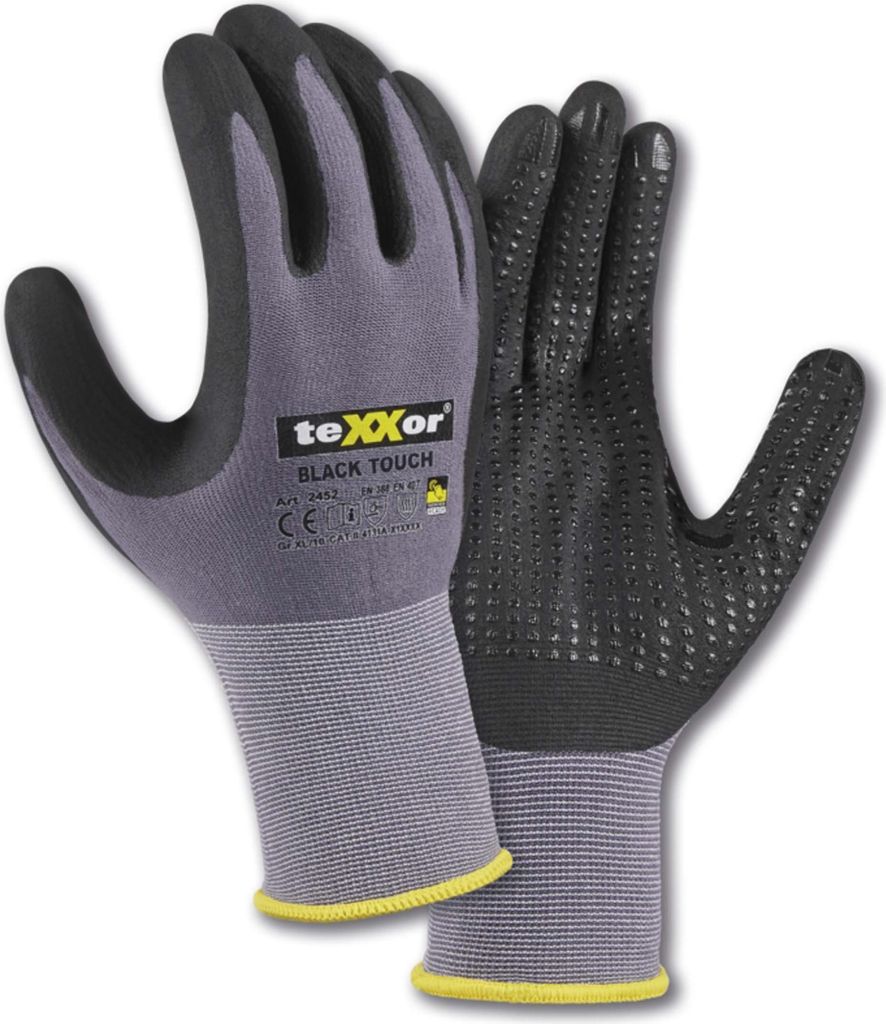 3 Paar teXXor Nylon-Strickhandschuhe, „black touch ", Noppen, Artikel 2452 , Größe 7 (S)