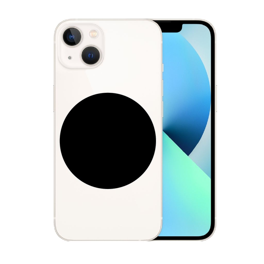 A white iPhone with a black circle on the back and a blue and green screen.