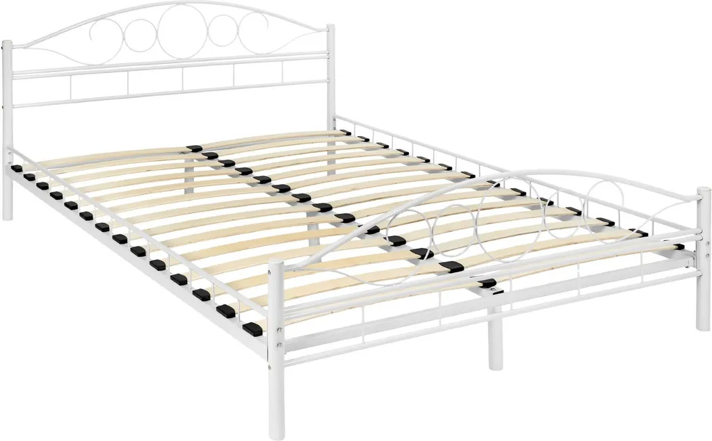Lit double 140x200 blanc de style romantique, cadre de lit et sommier bois